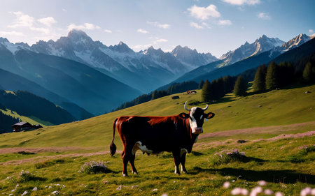Cow grazing on the alpine meadow. Dolomites, Italyの素材
