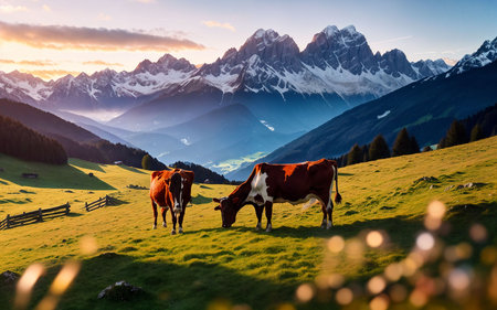 Cows grazing on a meadow in the Swiss Alps at sunsetの素材
