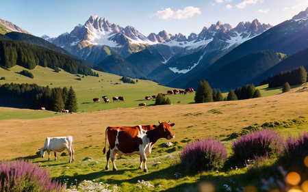 Cows grazing on the meadow in Dolomites, Italyの素材