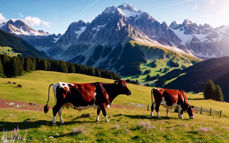Cows grazing on the alpine meadow in the Swiss Alpsの素材