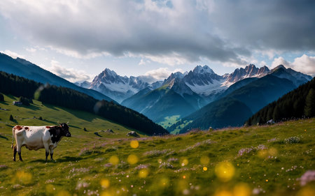 Cows grazing on the alpine meadow in Dolomites, Italyの素材