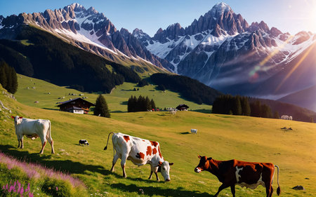 Cows grazing on the meadow in Dolomites, Italyの素材