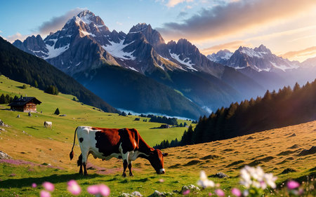 Cows grazing on alpine meadow at sunset. Dolomites, Italyの素材
