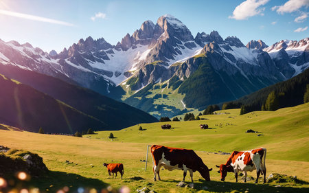 Cows grazing on the alpine meadow in the Swiss Alpsの素材