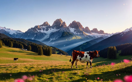 Cows grazing on a green meadow in the Dolomites, Italyの素材