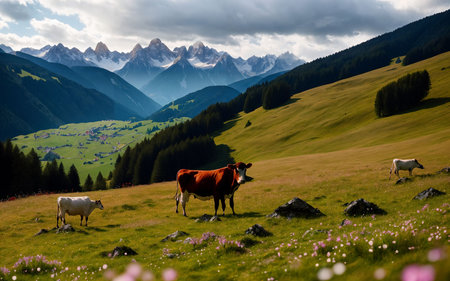 Cows grazing in the alpine meadow with mountains in the backgroundの素材