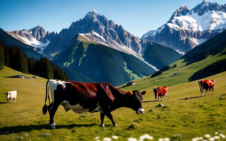 Cows grazing on the alpine meadow in the Swiss Alpsの素材