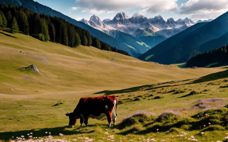 Cow grazing in a meadow in the Dolomites, Italyの素材