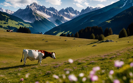 Cows grazing in the alpine meadows of the Swiss Alpsの素材