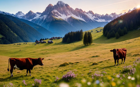 Cows grazing on the meadow in front of a mountain rangeの素材