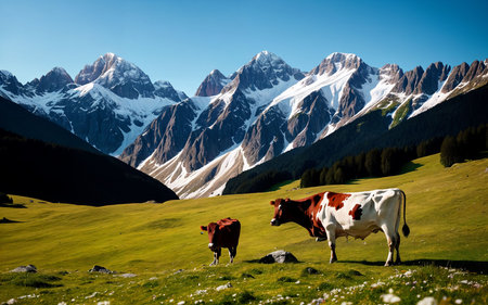 Cows grazing on a meadow in front of the mountain rangeの素材