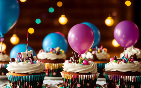 Birthday cupcakes decorated with colorful sprinkles and balloons on dark backgroundの素材