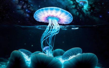 Jellyfish swimming in the ocean. Underwater world. 3D renderingの素材