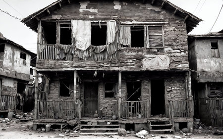 Abandoned house in slums of Nepal. Monochromeの素材