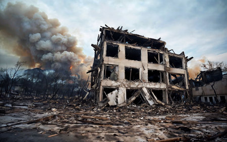Burning house with smoke and flames in the background. Conceptual imageの素材