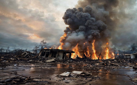 Burning house in the countryside. Fire in the village. Smoke from burning houses.の素材