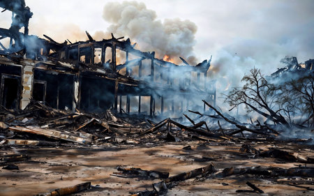 Burned house in the middle of the forest with smoke and fireの素材