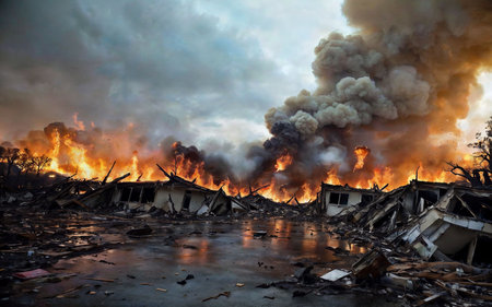Burning houses after the fire in the city of Bangkok, Thailandの素材