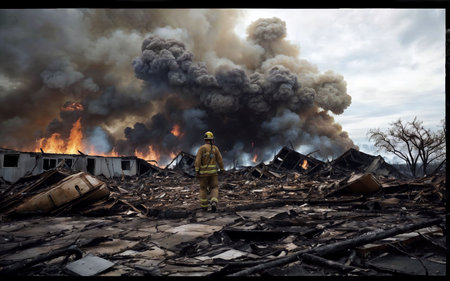 Burning house in the countryside. Photo in old color image style.の素材