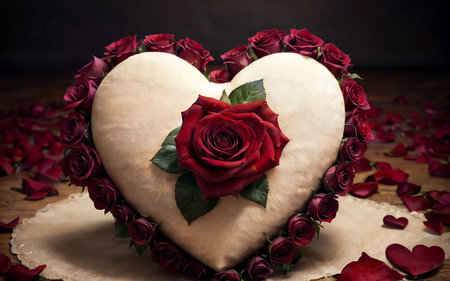 Heart made of red roses and petals on a wooden background.の素材