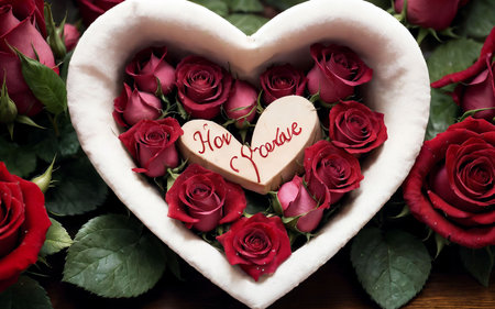 Valentine's day background with red roses and heart-shaped gift boxの素材