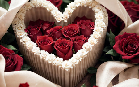 Red roses in a box in the shape of a heart and ribbonの素材