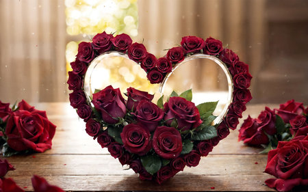 Red roses in a heart-shaped box on a wooden table.の素材