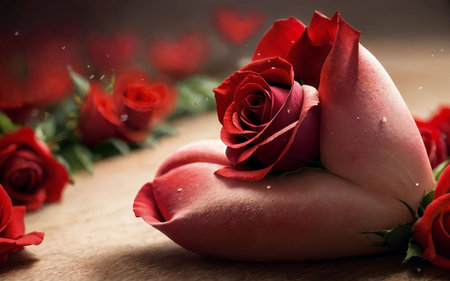Red roses with drops of water on a wooden background, Valentine's Dayの素材