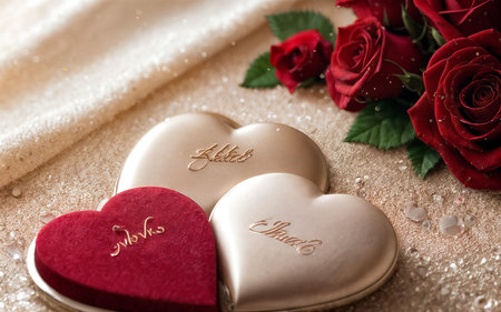 Valentine's Day. Red roses and heart-shaped chocolate candiesの素材