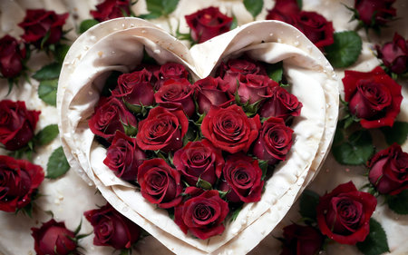 Bouquet of red roses in the shape of a heart.の素材