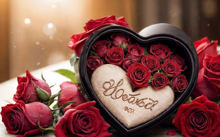 Valentine's day background with red roses and heart shaped gift boxの素材
