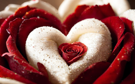 red rose and heart-shaped petals on a dark background.の素材