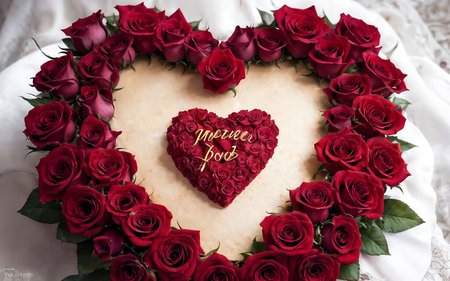 Wedding bouquet of red roses in the shape of a heartの素材
