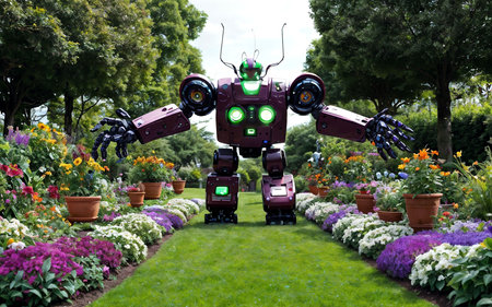 Robot in the garden with colorful flowers and green light background.の素材
