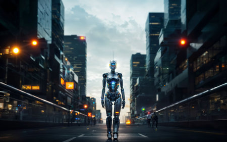 Cyborg walking on the road at night. 3D rendering.の素材