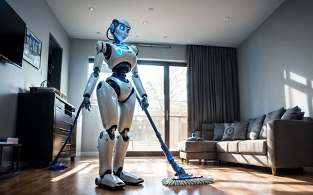 Robot cleaning the living room with a mopping machine. Artificial intelligence.の素材