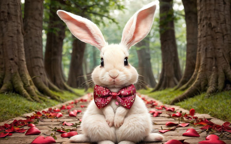 Cute white rabbit wearing red bow tie sitting on the path in the gardenの素材