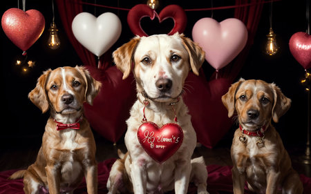 Three dogs with hearts and a red heart on a black background.の素材