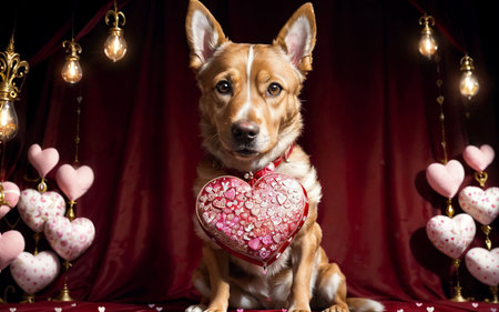 Red dog with a heart on a red background. Valentine's Dayの素材