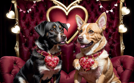 Two dogs with hearts in front of a red background. Valentine's Day.の素材