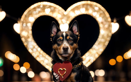 happy valentines day, dog with heart on bokeh backgroundの素材