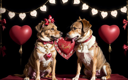 Two dogs with red hearts and garland on a black background.の素材