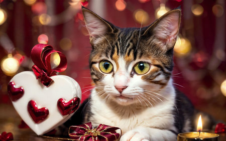 Cute tabby cat with a heart and a candle on a Christmas backgroundの素材
