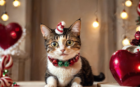 cute tabby cat in santa hat with christmas decorationの素材