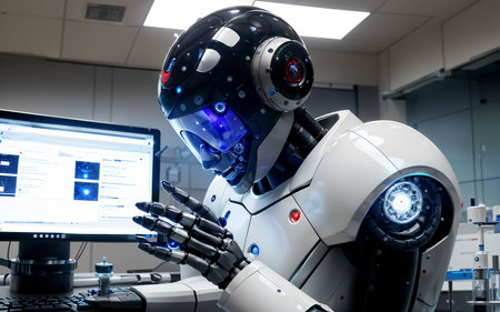 Robot working on a computer in a modern office. Artificial intelligenceの素材