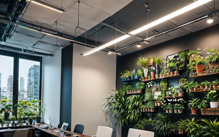 Interior of a modern office with plants in pots on the shelvesの素材