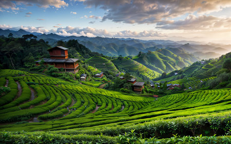 Green Serenity Exploring the Tranquil Beauty of Tea Plantations and Rural Agriculture Landscapesの素材