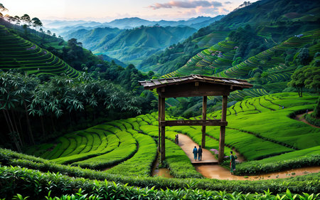 Tea Plantation at Sunset in Mu Cang Chai, YenBai, Vietnamの素材