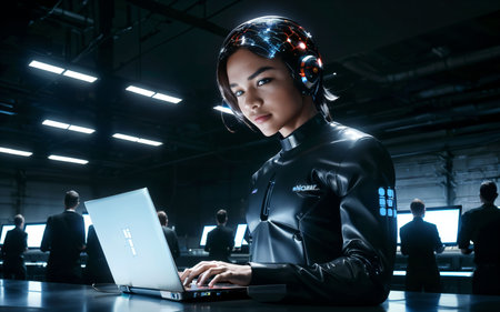 Portrait of a female robot using a laptop in a dark officeの素材