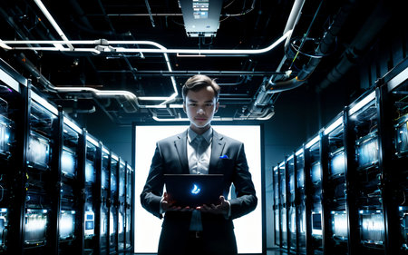 Young businessman in server room with tablet pc in hands. Mixed media